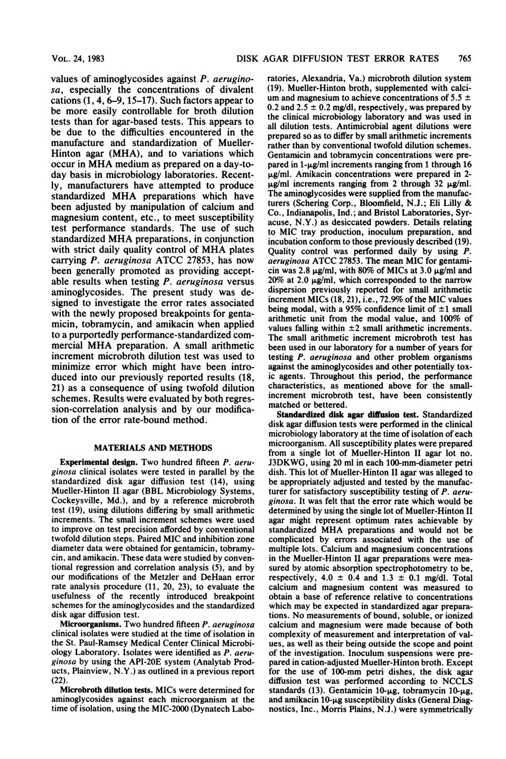 VOL. 24, 1983 values of aminoglycosides against P. aeruginosa, especially the concentrations of divalent cations (1, 4, 6-9, 15-17).