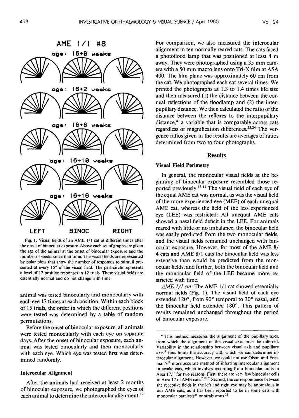 498 INVESTIGATIVE OPHTHALMOLOGY & VISUAL SCIENCE / April 1983 Vol. 24 AME 1/1 #8 16+0 w**k«left BINOC RIGHT Fig. 1. Visual fields of an AME 1/1 cat at different times after the onset of binocular exposure.