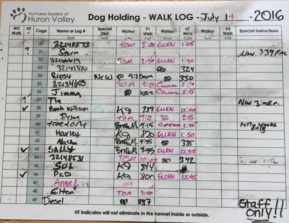 Holding Area Walk Log The Holding walk log is a white board hanging on