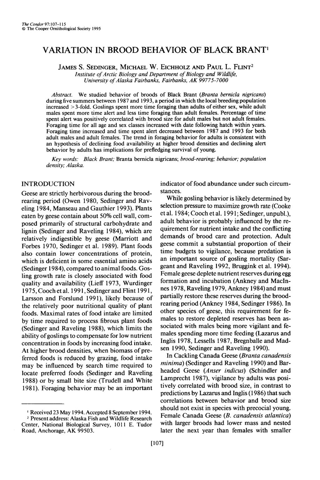 TheCondor97:107-115 0 The Cooper Ornithological Society 1995 VARIATION IN BROOD BEHAVIOR OF BLACK BRANT JAMES S. SEDINGER, MICHAEL W. EICHHOLZ AND PAUL L.