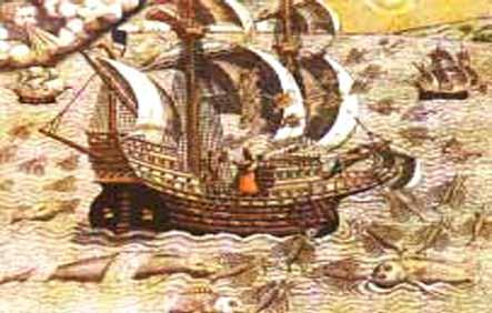 On the evening of August 3, 1492, Columbus departed from Palos, Spain, with three ships: one larger carrack, Santa María, nicknamed Gallega (the Gallician), and two smaller caravels, Pinta (the