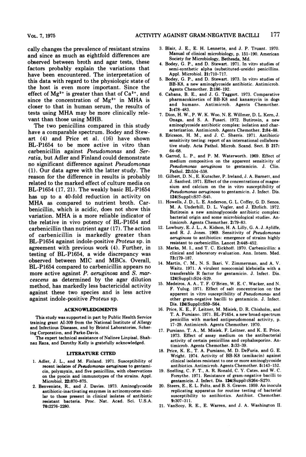 VOL. 7, 1975 cally changes the prevalence of resistant strains and since as much as eightfold differences are observed between broth and agar tests, these factors probably explain the variations that