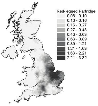 1.1.2.2. Relative abundance of pheasant and red-legged partridge in the UK. Darker and lighter squares represent higher and lower abundance respectively.