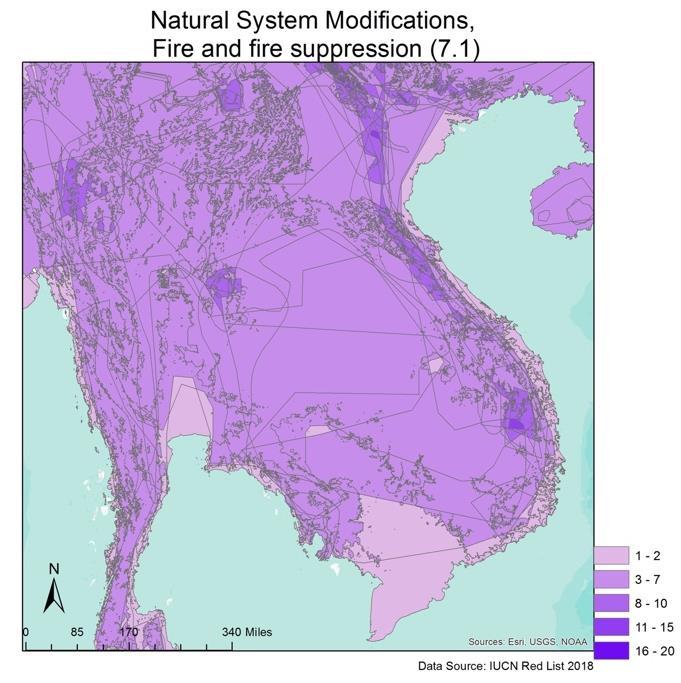 Natural system modifications paint a different picture. These threats are almost exclusively in Indochina with concentrated pockets of up to 16-20 species located throughout (Map 10, map 11).