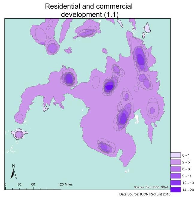 González 41 Map 12 (left): Species threatened by residential and commercial development in Mindanao Islands, Philippines.