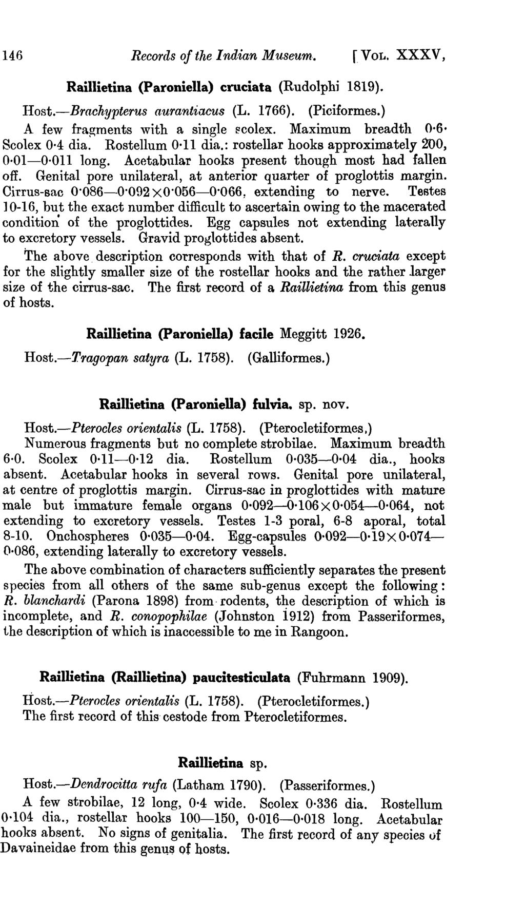 146 Records of the Indian Museum,. [VOL. XXXV, Raillietina (Paroniella) cruciata (Rudolphi 1819). Host.-Brachypterus aurantiacus (L. 1766). (Piciformes.) A few fragments with a single Elcolex.