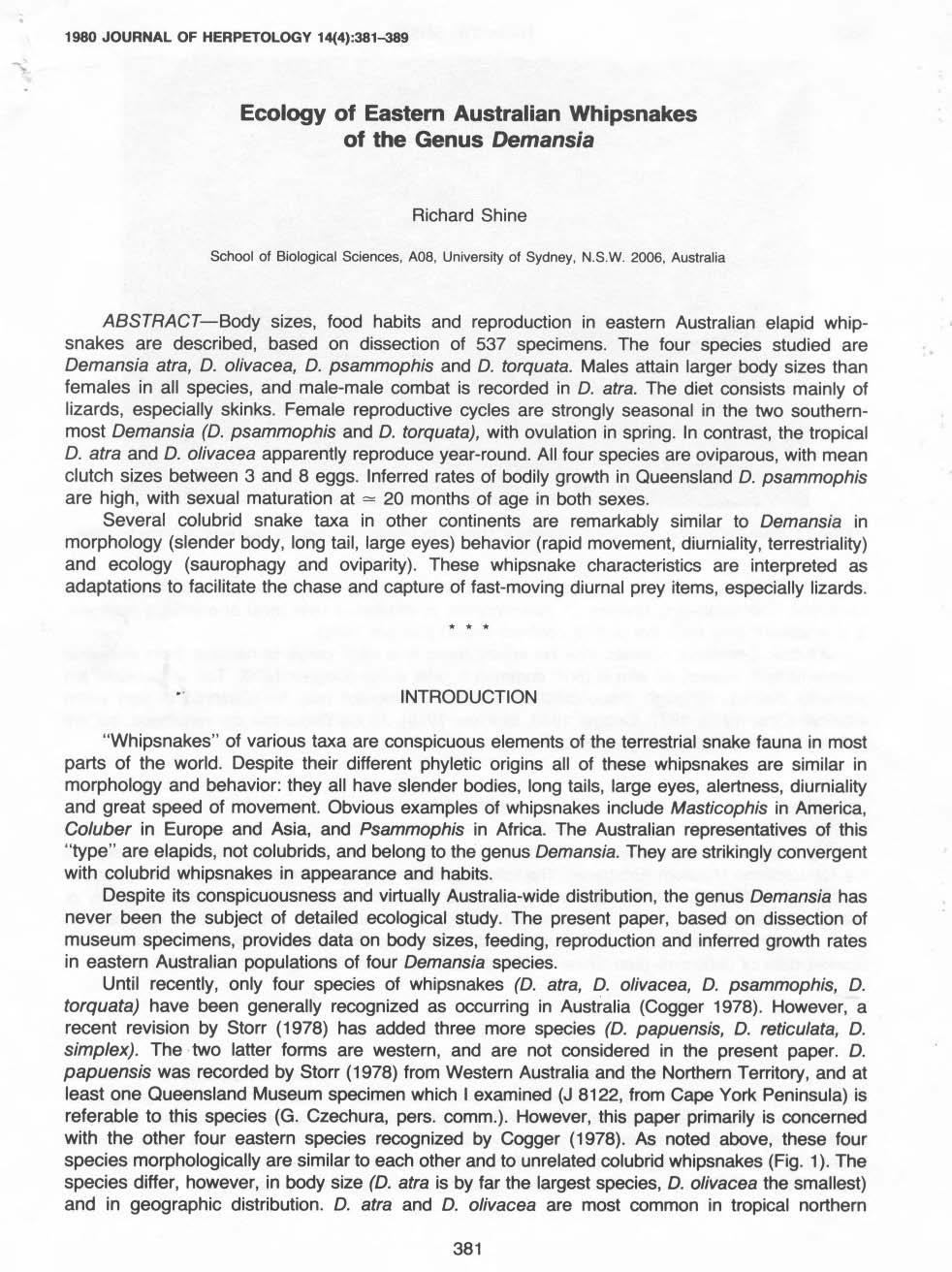 98 JOURNAL OF HERPETOLOGY 4(4):38-389 Ecology of Eastern Australian Whipsnakes of the Genus Demansia Richard Shine School of Biological Sciences, AOa, University of Sydney, NSW 6, Australia