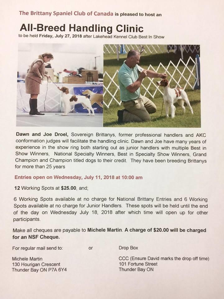ALL BREED SWEEPS Friday, July 27th 11:00 am Ring 1 Judge: Charlene Boone Males Females 3-6 0 2 6-9 1 2 9-12 2 4 12-18 0 1 BRITTANY SPANIEL CLUB OF CANADA NATIONAL SPECIALTY Saturday, July 28 th Ring