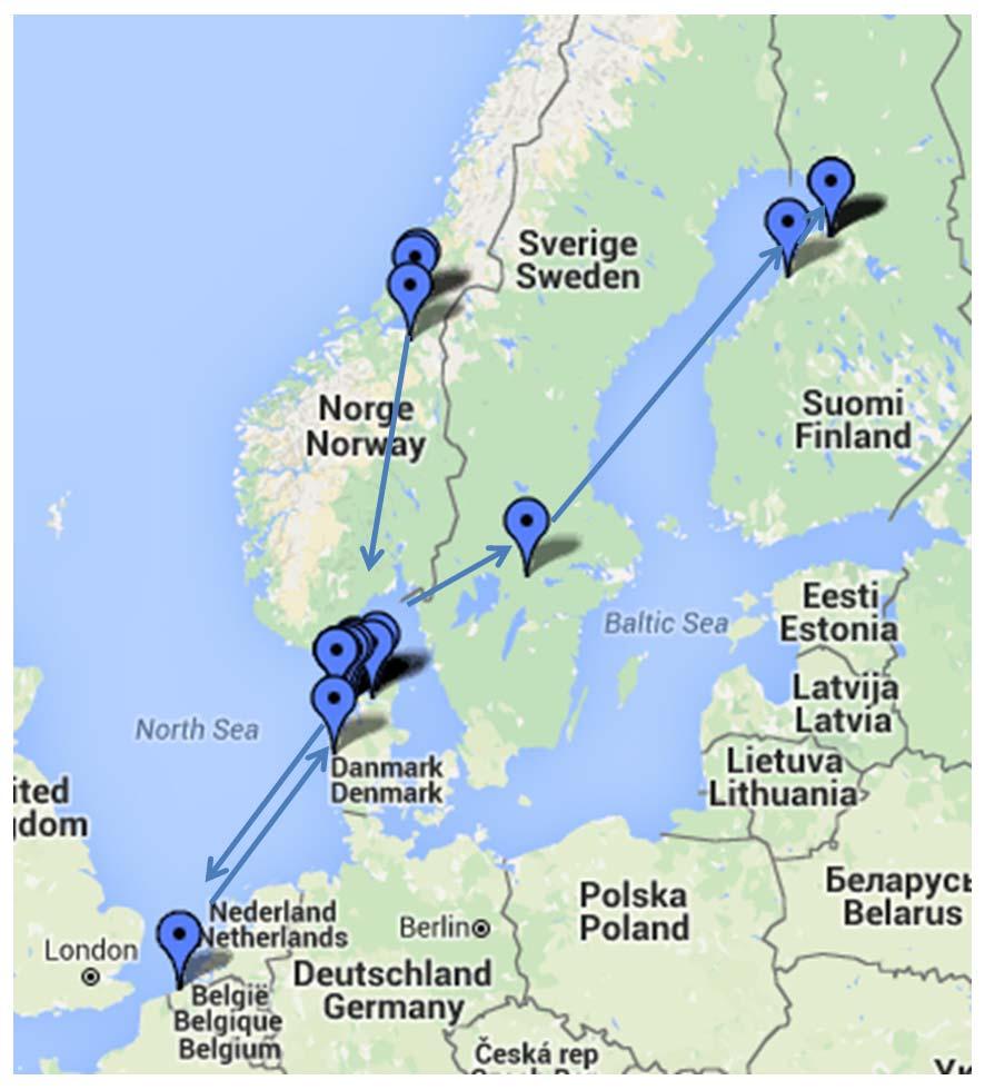 Figure 1. Migration route followed by a neck-banded pinkfooted goose (white V40) autumn 2015-spring 2016. The bird was ringed in Mid-Norway on 6 th May 2015.