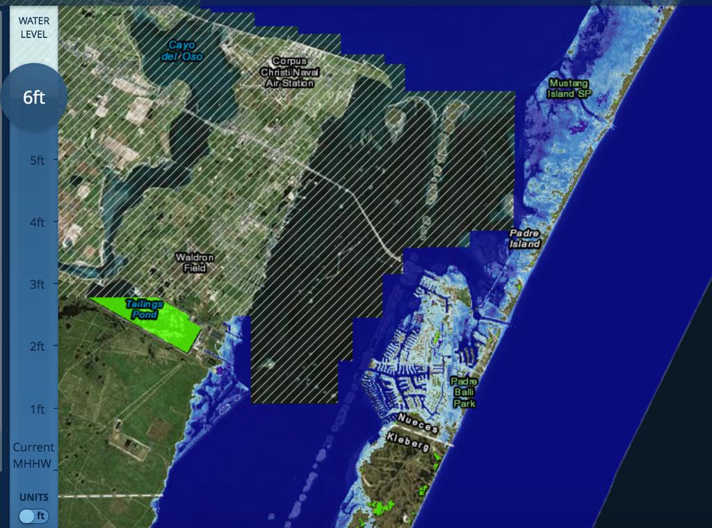 Figure 3 Light blue indicates existing land that will be submerged in the event of a 6-foot rise in global sea levels. South Padre Island would be almost entirely inundated.