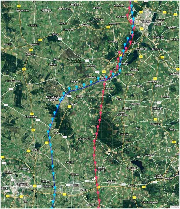 The blue pigeon takes a bearing more to the west than red pigeon, the blue pigeon are as west as the town of Herning, where the red pigeon are in a flock going in a more direct line to the loft.