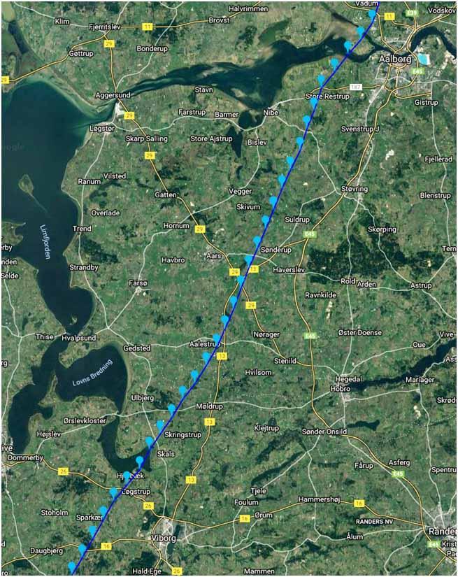 From Herning the route goes west 0f Viborg and thoughts the bigger town Ålborg. The speed in average can be 1000mpm.