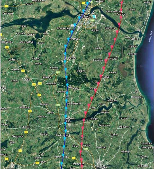 These parts of the routes for the two pigeons are very interesting because they use different strategy on the way: Blue pigeon are crossing the big forest of Rold Skov in the height of 100 meters and