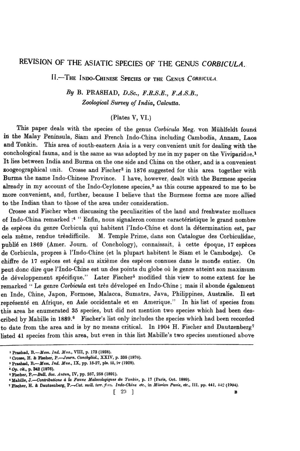 REVISION OF THE ASIATIC SPECIES OF THE GENUS CORBICULA.. II.-THE INOO... CHINESE SPECIES 'OF THE GENUS CORBICULA. By B. PRASHAD, D.Se., F.R.S.E., F.A.S.B., Zoological Survey of India, Oalcutta.