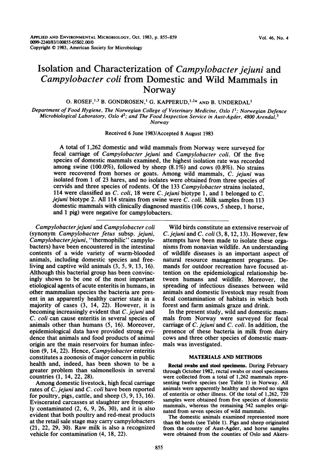 APPLIED AND ENVIRONMENTAL MICROBIOLOGY, Oct. 1983, p. 855-859 0099-2240/83/100855-05$02.00/0 Copyright C 1983, American Society for Microbiology Vol. 46, No.