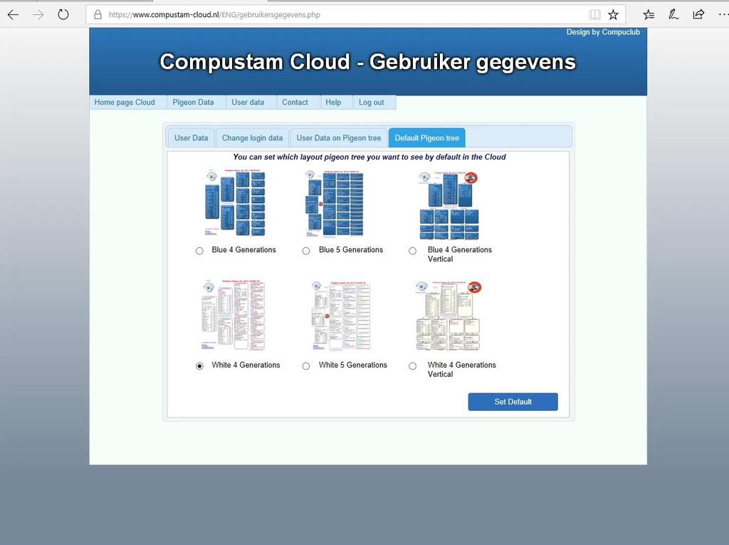 Compustam Cloud users data default pedigree Here you can choose which layout you want Top choices in Blue 4 and 5 generations horizontal and 4 generations blue vertical Bottom choices in White 4 and