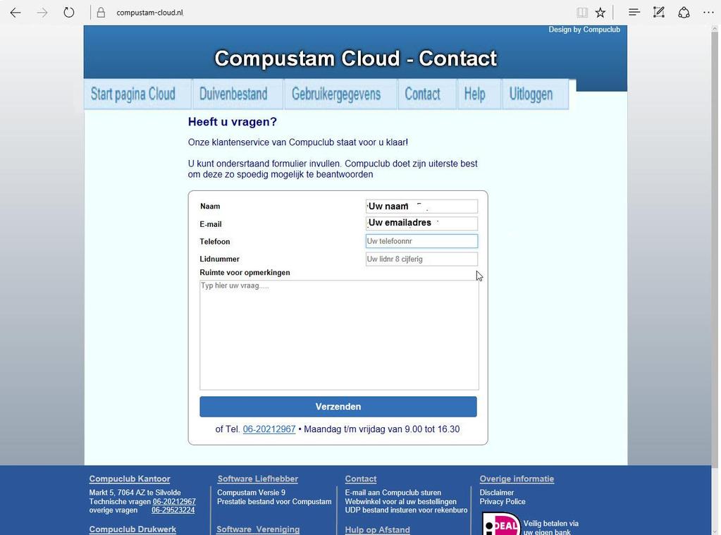 Compustam Cloud Contact If you click on Contact in the main screen of Compustam Cloud or on the menu bar, the following appears Fill in your name by email address