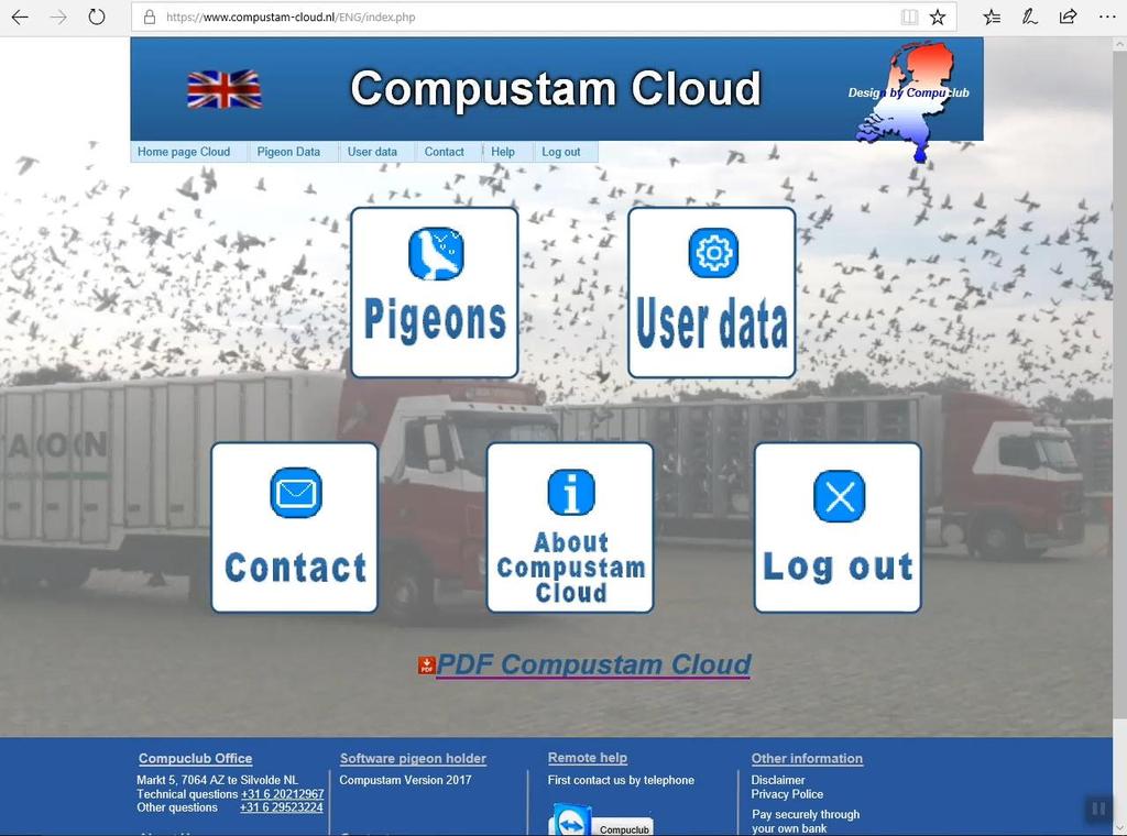 Compustam Cloud Mainmenu If you enter your username and password and click on log in, the Compustam Cloud main menu appears This main menu currently consists of the following menu items Pigeons File