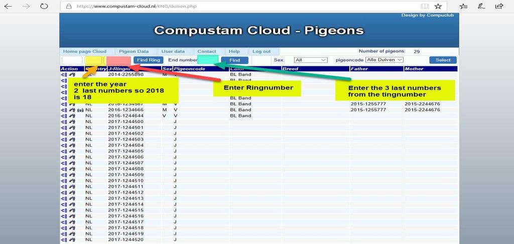 Compustam Cloud Pigeons If you click on Pigeons File you will see your pigeons that you have uploaded to Compustam Cloud Top left you see a number of input boxes just like in Compustam 2018.