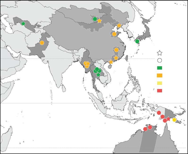 FIGURE 5. The geographic distribution of figured pan-carettochelyid turtles in Asia and Australia. Stars mark the type localities of valid taxa. Locality numbers are cross-listed in Appendix 3.