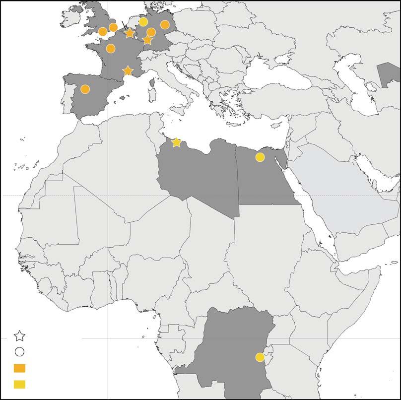 FIGURE 6. The geographic distribution of figured pan-carettochelyid turtles in Africa and Europe. Stars mark the type localities of valid taxa. Locality numbers are cross-listed in Appendix 3.