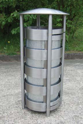 The bin has a side-opening door to access an internal steel liner, and has a domed lid that sheds rainwater and protects the bin contents form the elements.