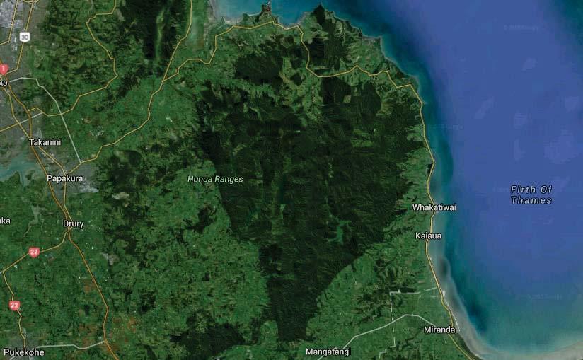 Figure 1. Satellite view of the Hunua Ranges South East of Auckland in relation to Auckland suburbs and the Firth of Thames. Methodology 1.5.