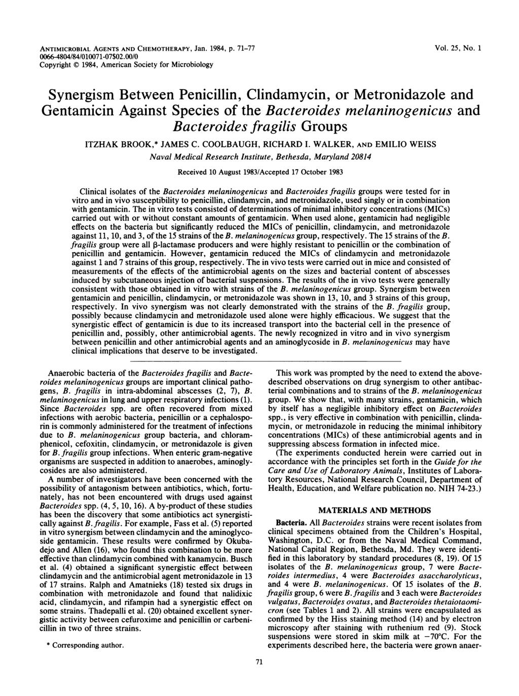 ANTIMICROBIAL AGENTS AND CHEMOTHERAPY, Jan. 1984, p. 71-77 0066-4804/84/010071-07$02.00/0 Copyright C 1984, American Society for Microbiology Vol. 25, No.