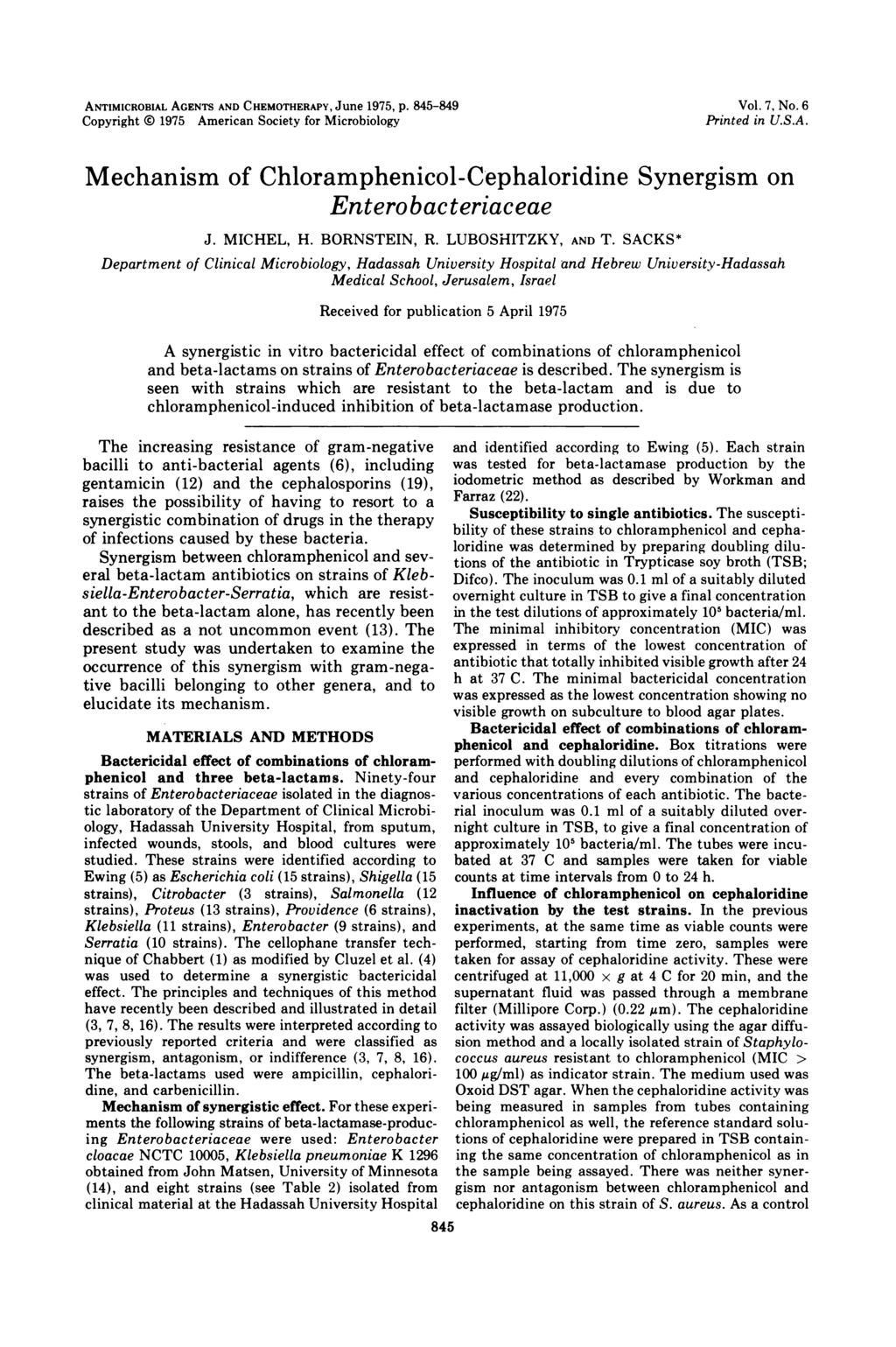 ANTIMICROBIAL AGENTS AND CHEMOTHERAPY, June 1975, p. 845-849 Copyright 0 1975 American Society for Microbiology Vol. 7, No. 6 Printed in U.S.A. Mechanism of -Cephaloridine Synergism on Enterobacteriaceae J.