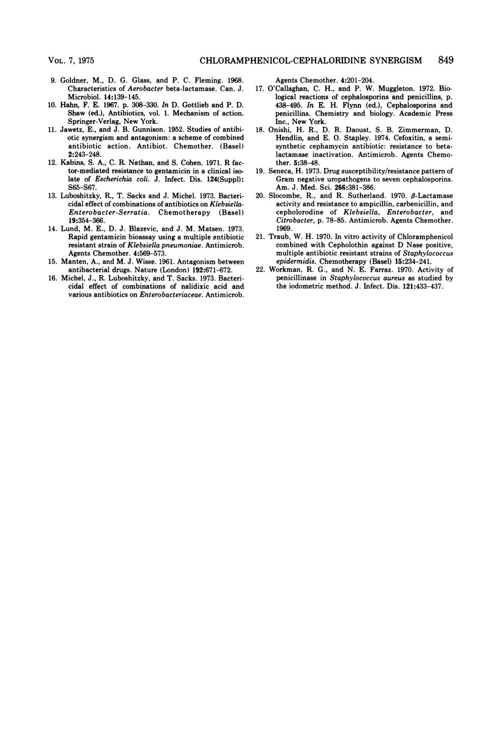 VOL. 7, 1975 CHLORAMPHENICOL-CEPHALORIDINE SYNERGISM 849 9. Goldner, M., D. G. Glass, and P. C. Fleming. 1968. Characteristics of Aerobacter beta-lactamase. Can. J. Microbiol. 14:139-145. 10. Hahn, F.