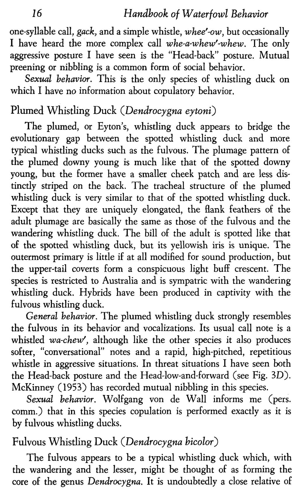 16 Handbook of Waterfowl Behavior one-syllable call, gack, and a simple whistle, wheef-ow, but occasionally I have heard the more complex call whe-a-whew'-whew.