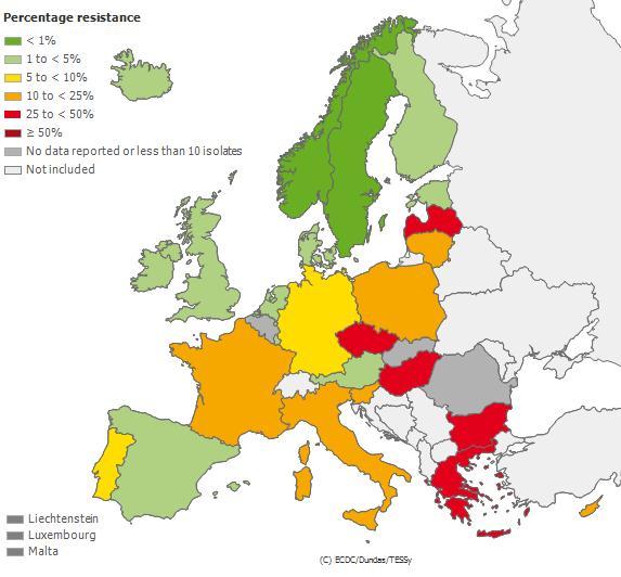Klebsiella pneumoniae: percentage of invasive isolates with combined resistance*; EU/EEA, 2008 2011 2008 2011 *Combined resistance: resistance to third-generation cephalosporins, fluoroquinolones and