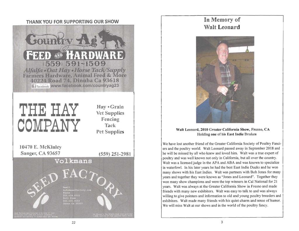 THANK YOU FOR SUPPORTING OUR SHOW In Memory of Walt Leonard THE HAY COMPANY 10470 E.