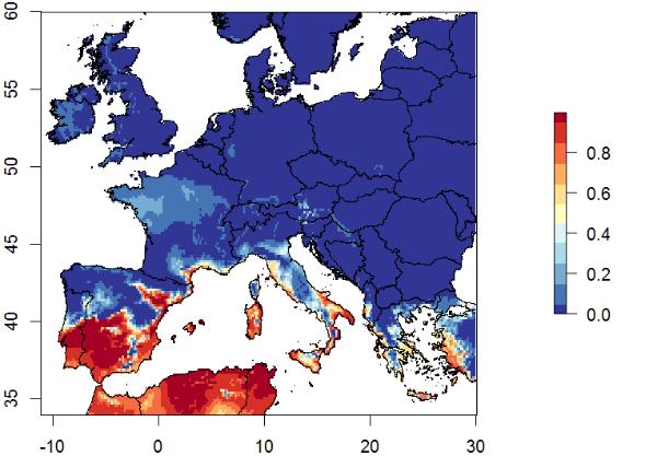 Figure 2: Predicted probability of presence of Culicoides imicola across Europe from environmental model developed by Purse et al. 2007. Tatem et al.