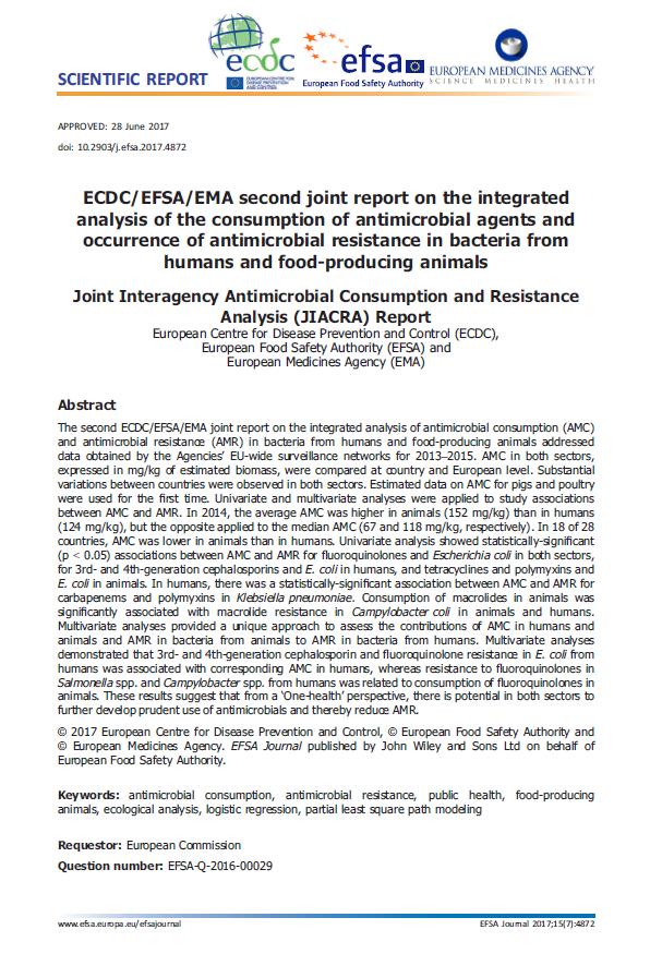 Monitoring of zoonoses in animals, food and feed b) The monitoring of related antimicrobial resistance Based on a One Health approach combining the data collected by ECDC, EMA and EFSA the JIACRA
