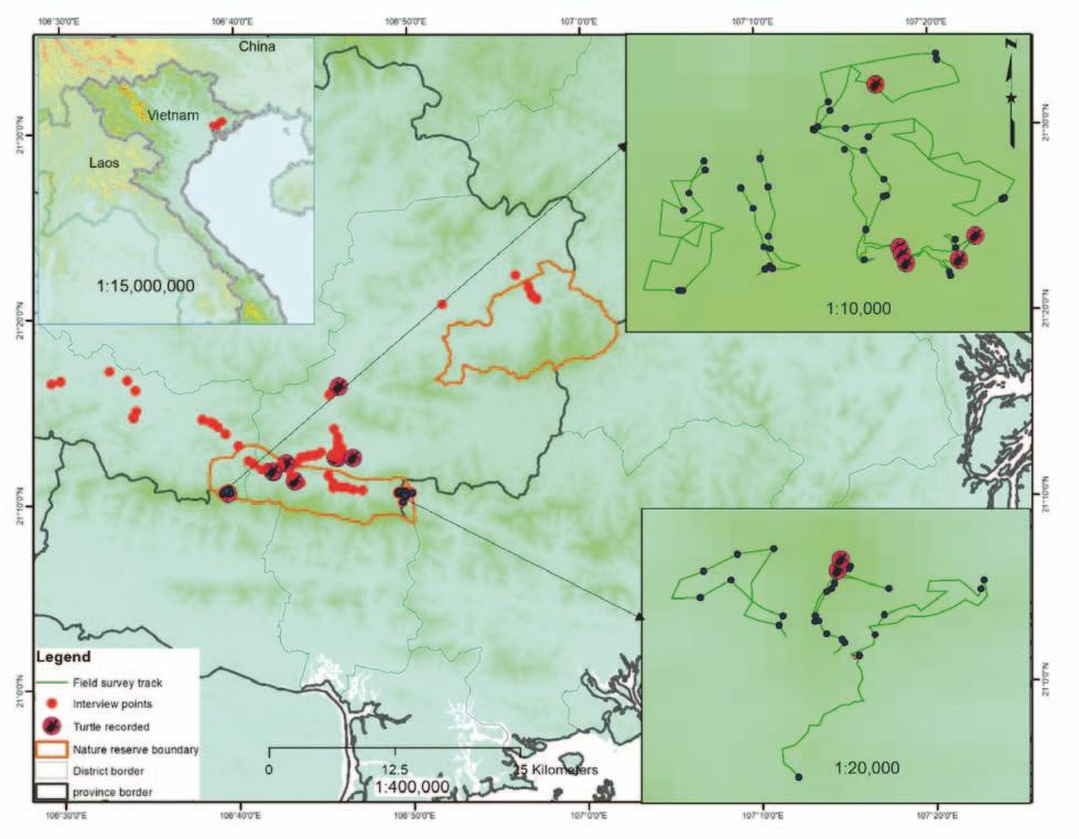 Geoemyda spengleri in Vietnam Figure 2. Map of Vietnam, showing the position of the interview points and of the presence sites of turtles at the Tay Yen Tu Nature Reserve.