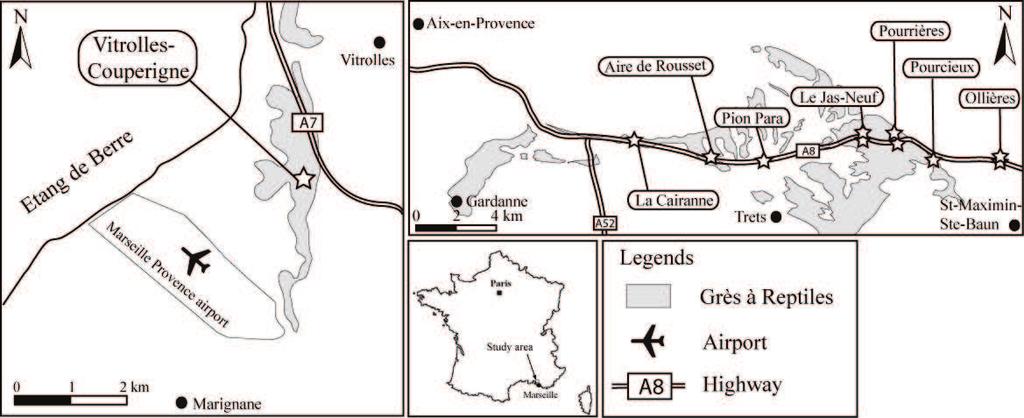 Figure 3.3 The geographical and geological location of Vitrolles-Couperigne locality (on the left) and A8 sites (on the top right).