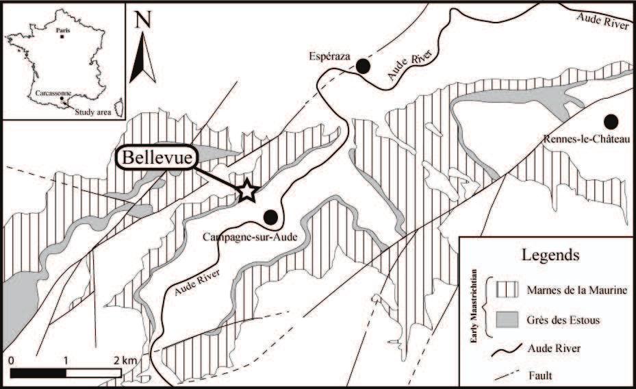 Figure 3.5 The geographical and geological location of Bellevue locality and geological boundary of Early Maastrichtian in the Aude Valley.