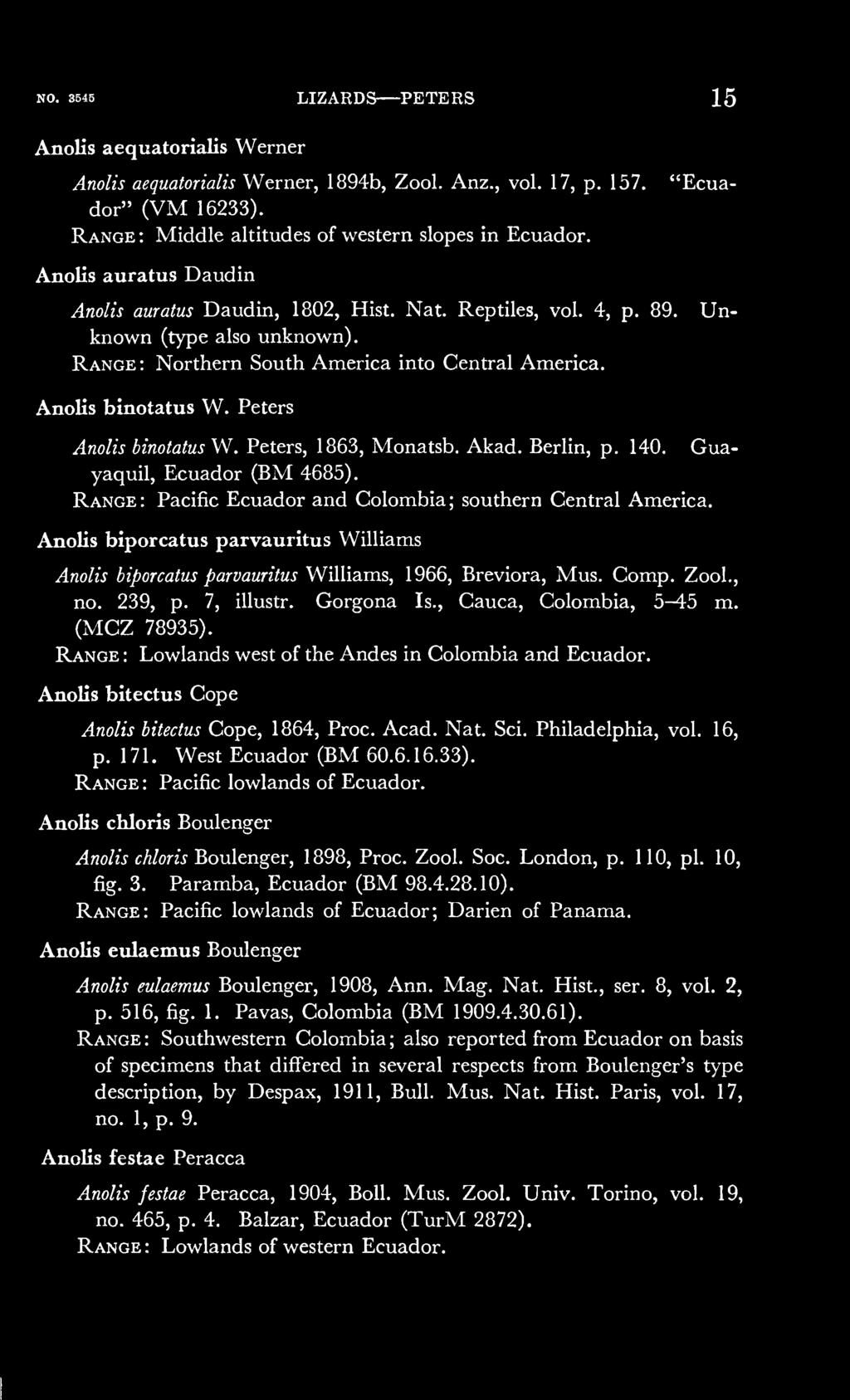 Peters Anolis binotatus YJ. Peters, 1863, Monatsb. Akad. Berlin, p. 140. Guayaquil, Ecuador (BM 4685). Range: Pacific Ecuador and Colombia; southern Central America.