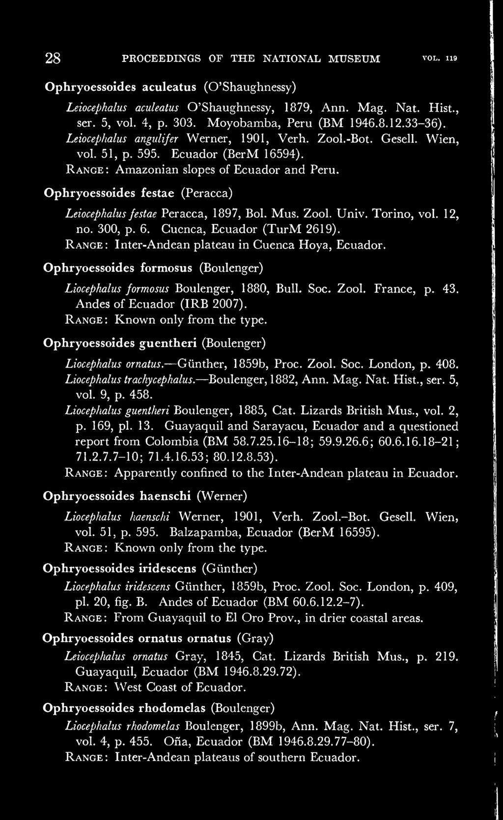 Range : Ophryoessoides festae (Peracca) Leiocephalus festae Peracca, 1897, Bol. Mus. Zool. Univ. Torino, vol. 12, no. 300, p. 6. Cucnca, Ecuador (TurM 2619).