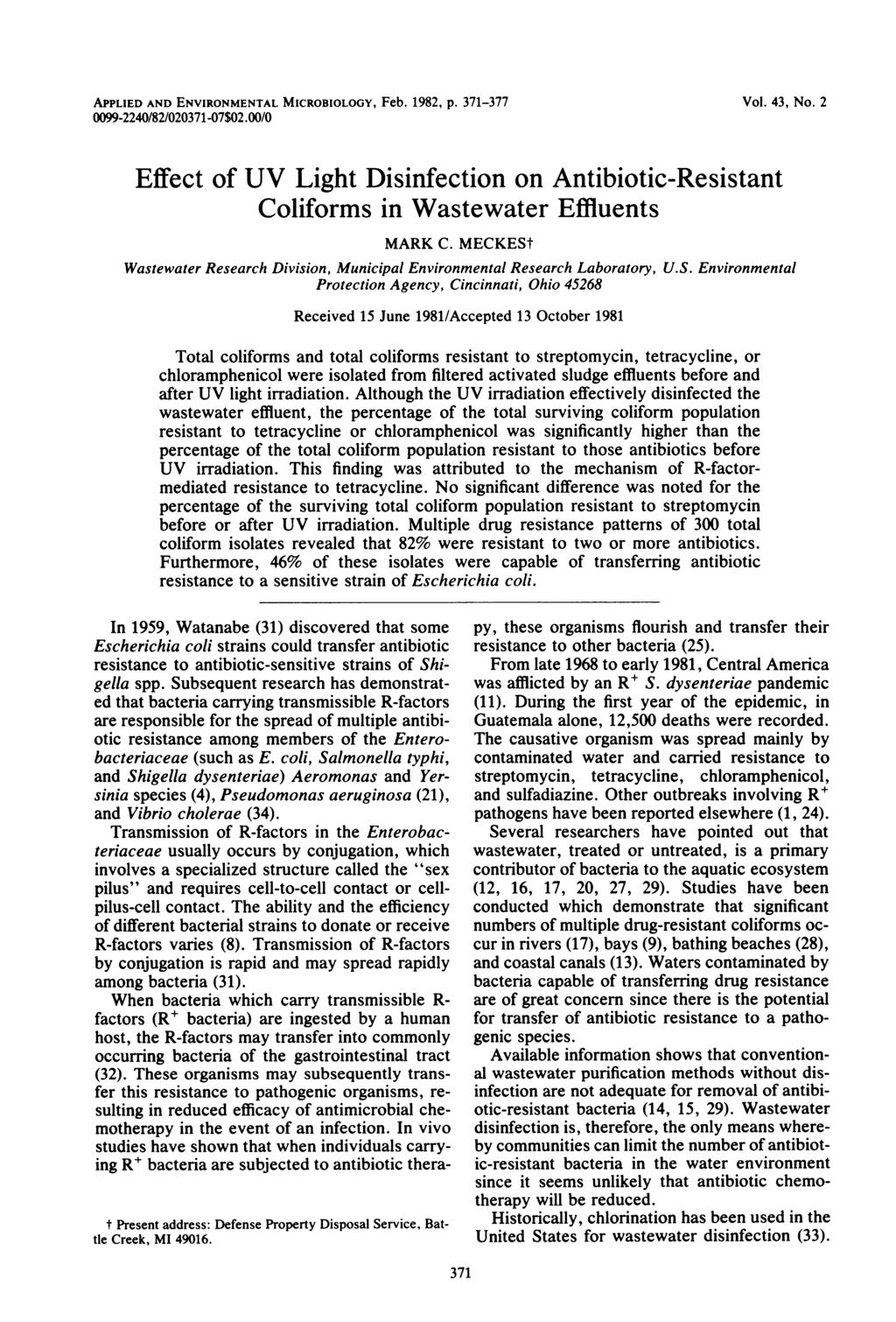 APPLIED AND ENVIRONMENTAL MICROBIOLOGY, Feb. 1982, p. 371-377 0099-2240/82/020371-07$02.00/0 Vol. 43, No.