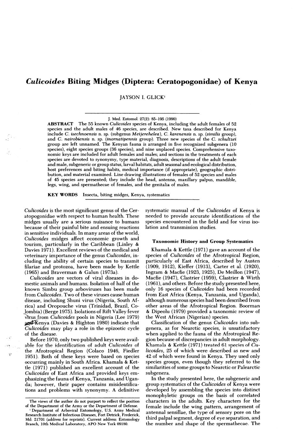 Culicoides Biting Midges (Diptera: Ceratopogonidae) of Kenya JAYSON I. GLICK J. Med. Entomol.