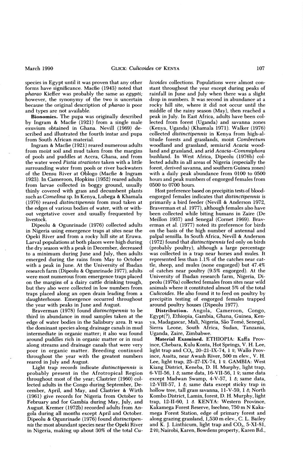 March 1990 GLICK: Culicoides OF KENYA 107 species in Egypt until it was proven that any other forms have significance.