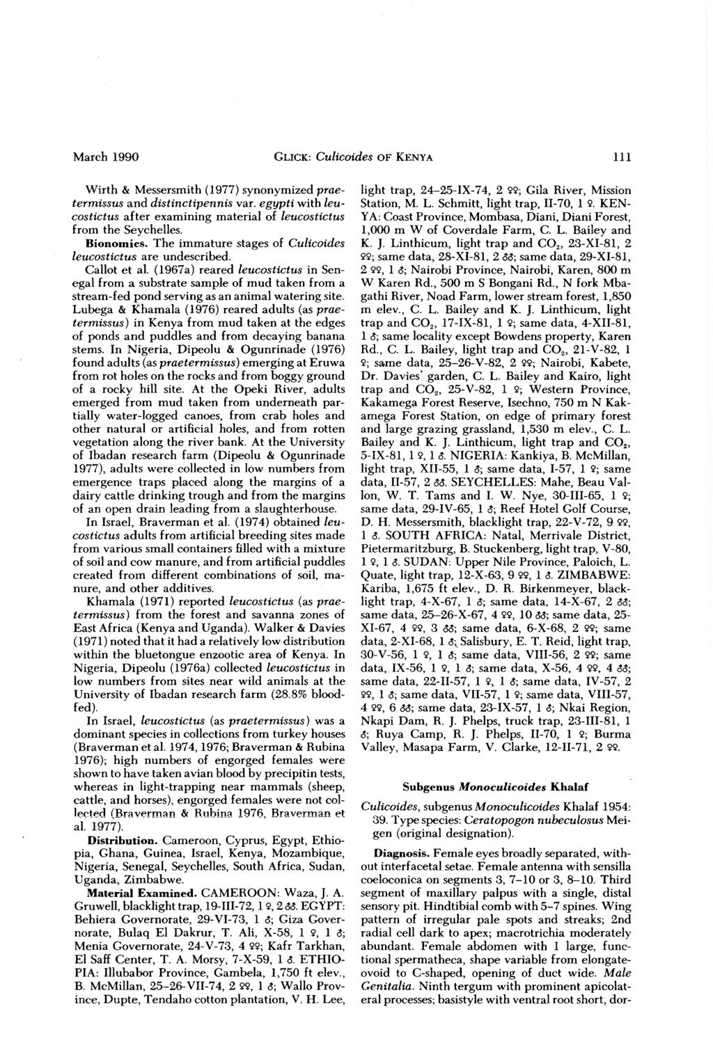 March 1990 GLICK: Culicoides OF KENYA 111 Wirth & Messersmith (1977) synonymized praetermissus and distinctipennis var.