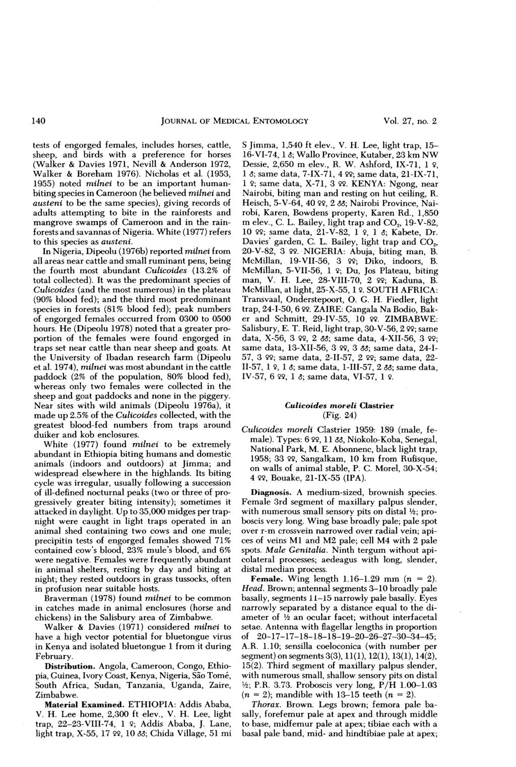 140 JOURNAL OF MEDICAL ENTOMOLOGY Vol. 27, no. 2 tests of engorged females, includes horses, cattle, S Jimma, 1,540 ft elev., V. H.