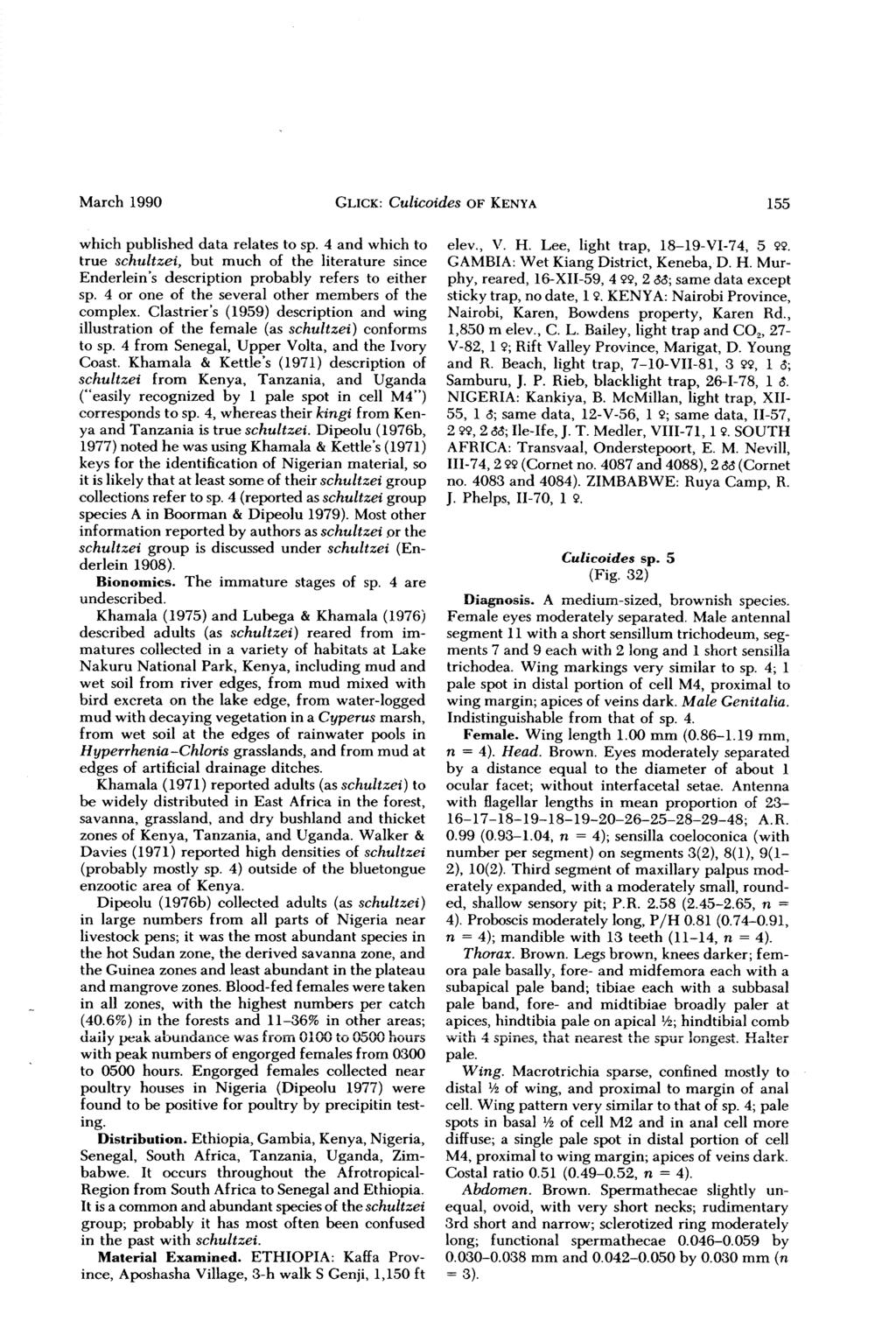 March 1990 GLICK: Culicoides OF KENYA 155 which published data relates to sp. 4 and which to true schultzi, but much of the literature since Enderlein s description probably refers to either sp.