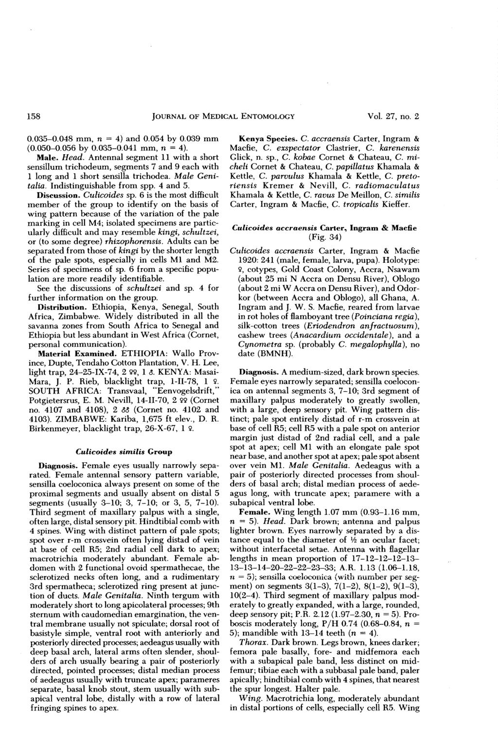 158 JOURNAL OF MEDICAL ENTOMOLOGY Vol. 27, no. 2 0.035-0.048 mm, n = 4) and 0.054 by 0.039 mm (0.050-0.056 by 0.035-0.041 mm, n = 4). Male. Head.
