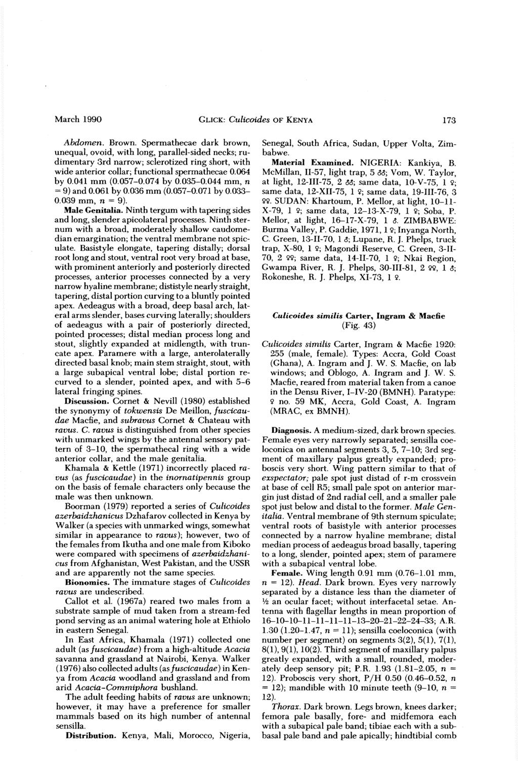 March 1990 CLICK: Culicoides OF KENYA 173 Abdomen. Brown.