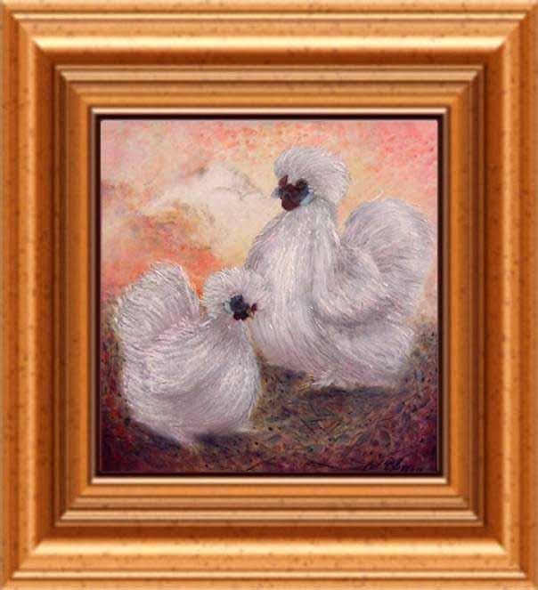 THE FRAME Silkies These white Silkies - a cockerel and a pullet - have been painted by the wellknown Spanish painter Emilio Blasco, an international pigeon judge, who is also especially famous for