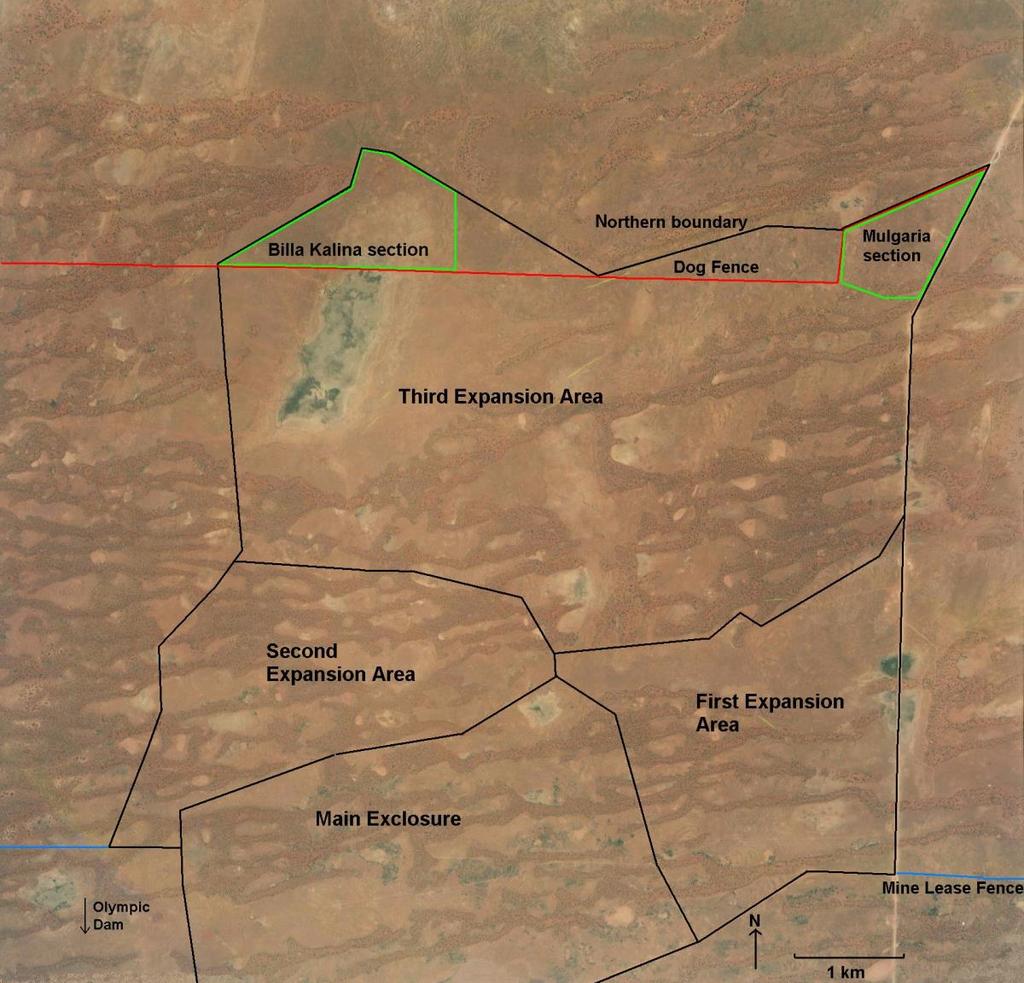 Figure 1: The 60 km2 Arid Recovery Reserve Showing expansion areas and land donated by neighbouring pastoral stations.
